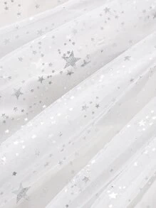 Young Girls Bow Front Ruffle Trim Star Mesh Overlay Party Dress - White - View 3