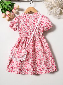 小女童碎花蕾絲拼接泡泡袖洋裝附包