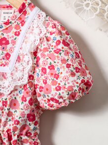 小女童碎花蕾絲拼接泡泡袖洋裝附包