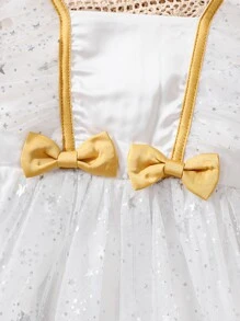 Young Girls Bow Front Ruffle Trim Star Mesh Overlay Party Dress - White - View 5