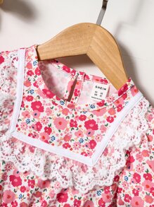 小女童碎花蕾絲拼接泡泡袖洋裝附包