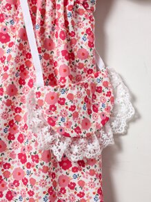 小女童碎花蕾絲拼接泡泡袖洋裝附包