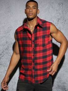 Manfinity Hombres Camisa con estampado de tartán con botón delantero sin manga