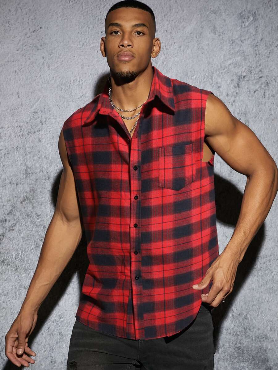 Manfinity Hombres Camisa con estampado de tartán con botón delantero sin manga