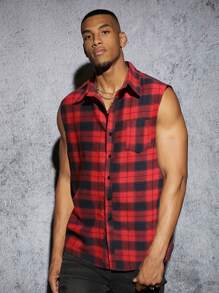 Manfinity Hombres Camisa con estampado de tartán con botón delantero sin manga