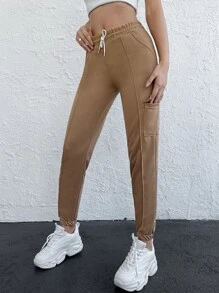 Cottnline Drawstring Waist Flap Pocket Side Joggers - Camel - View 4