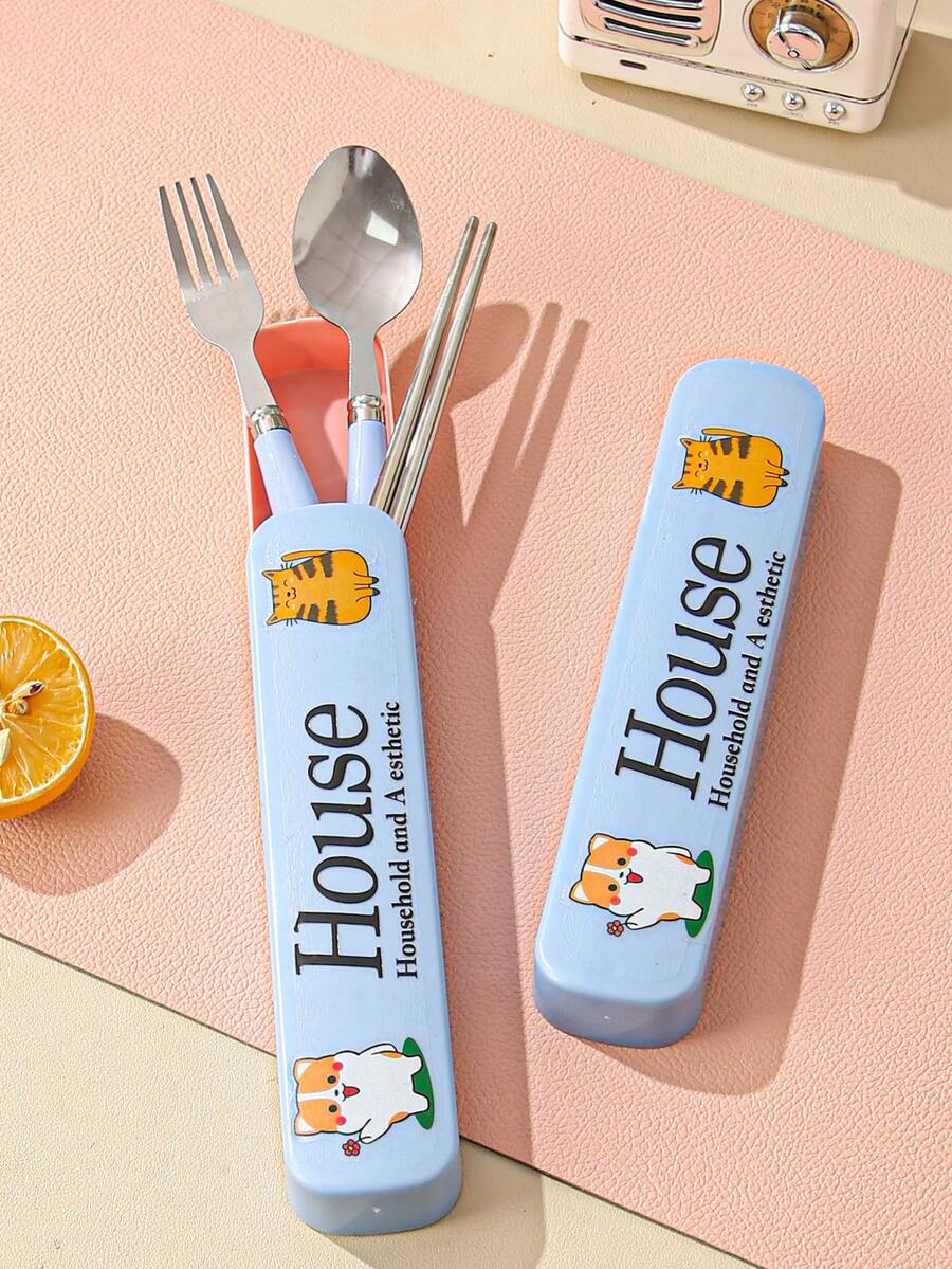 3 piezas con estampado de gato y letra Set cubiertos & 1 pieza Caja - Multicolor - Ver 1