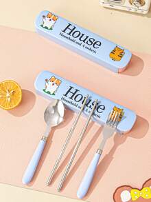 3 piezas con estampado de gato y letra Set cubiertos & 1 pieza Caja - Multicolor - Ver 2