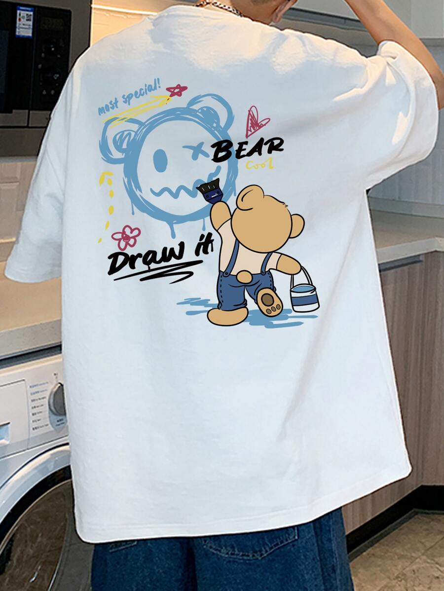 Claim Dot Áo thun nam dáng rộng họa tiết hoạt hình hở vai - trắng - Xem 1