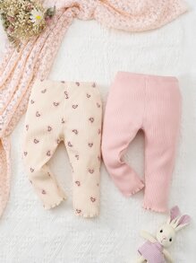 嬰兒2入組愛心圖案木耳邊緊身打底褲 - 彩色 - 查看 1