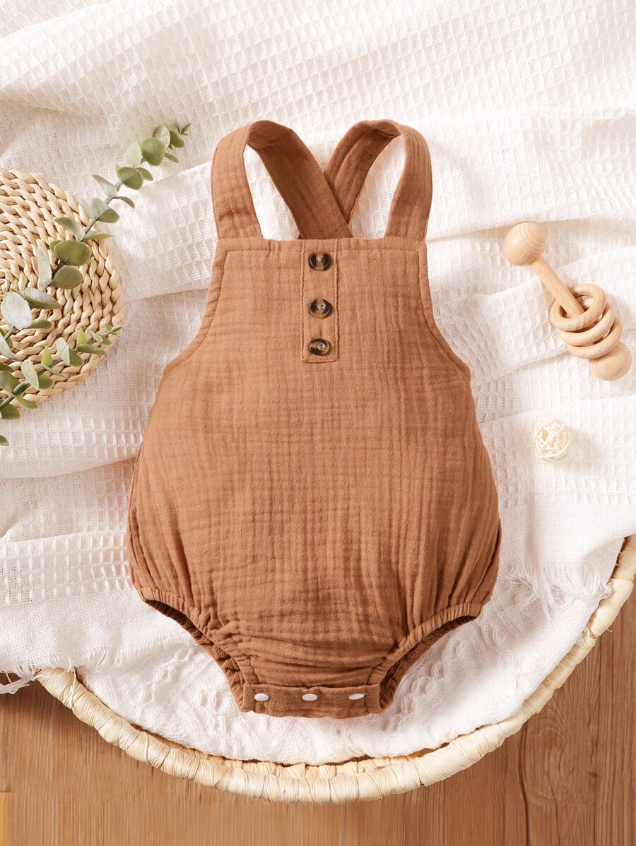 男嬰前紐扣後背十字交叉背帶連體衣 - 棕色 - 查看 1