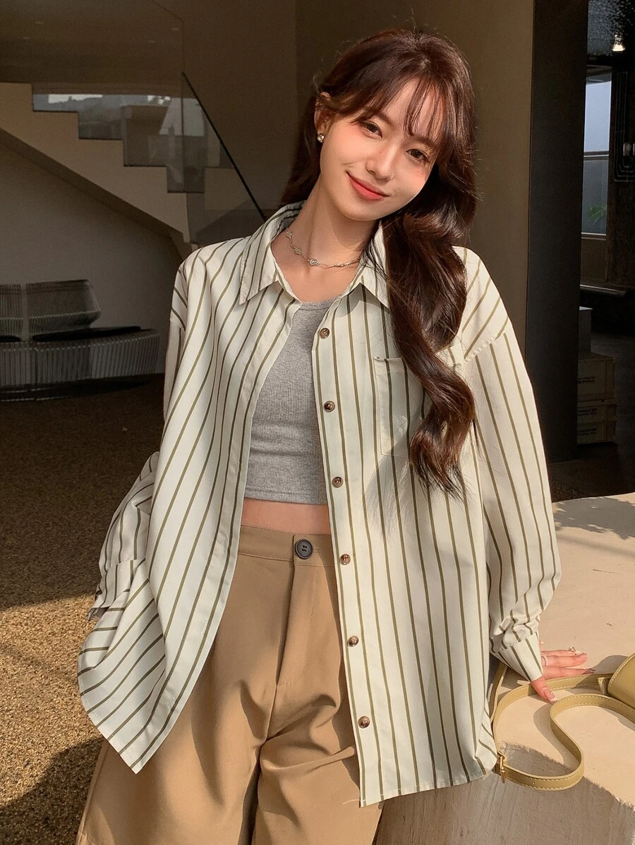 DAZY Striped Print Drop Shoulder Shirt - Beige - View 1