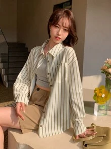 DAZY Striped Print Drop Shoulder Shirt - Beige - View 3