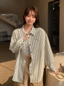 DAZY Striped Print Drop Shoulder Shirt - Beige - View 6