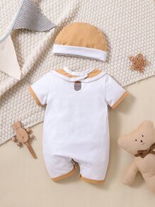 男嬰小熊印花撞色滾邊連身短褲和帽和圍兜 - 白色 - 查看 2