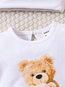 男嬰小熊印花撞色滾邊連身短褲和帽和圍兜 - 白色 - 查看 6