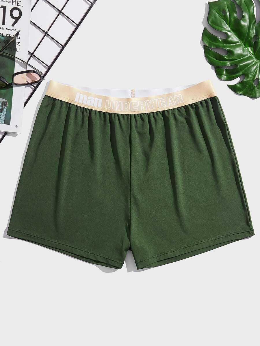 Men Letter Graphic Contrast Tape Waist Boxer Brief - Army Green - View 1