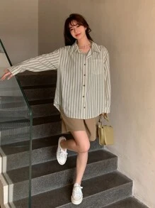 DAZY Striped Print Drop Shoulder Shirt - Beige - View 7