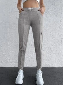 EURMUSE Drawstring Waist Flap Pocket Side Jogger Sweatpants - Light Grey - View 3