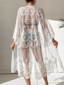 Embroidery Mesh Tie Front Kimono Without Bikini - White - View 4