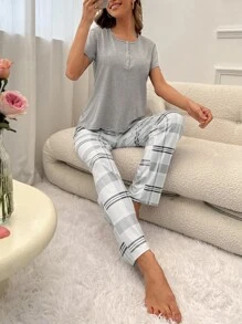 Half Button Tee & Plaid Print Trousers Lounge Set - Multicolor - View 2