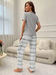 Half Button Tee & Plaid Print Trousers Lounge Set - Multicolor - View 3