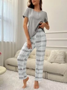 Half Button Tee & Plaid Print Trousers Lounge Set - Multicolor - View 4