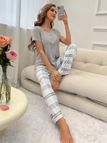 Half Button Tee & Plaid Print Trousers Lounge Set - Multicolor - View 5