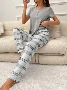 Half Button Tee & Plaid Print Trousers Lounge Set - Multicolor - View 1