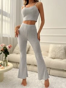 Solid Cami Top & Flare Leg Trousers Lounge Set - Light Grey - View 6