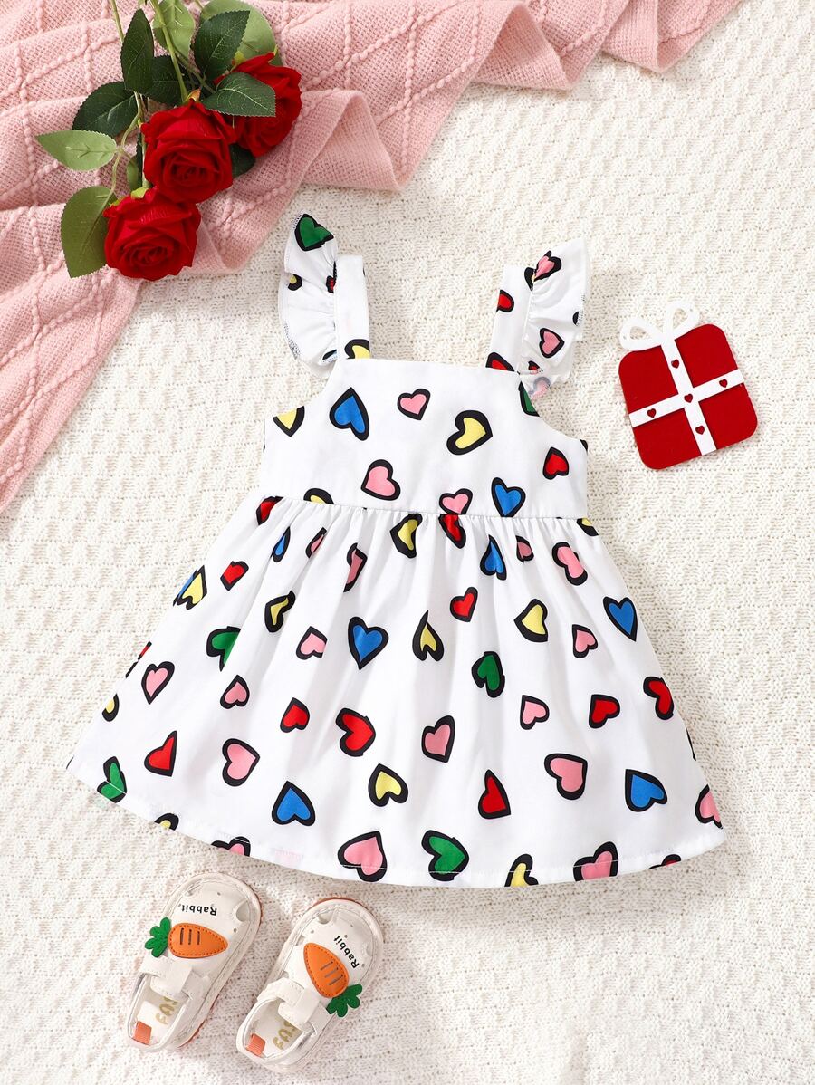 Bebé Vestido overol con estampado de corazón ribete con fruncido - Blanco - Ver 1