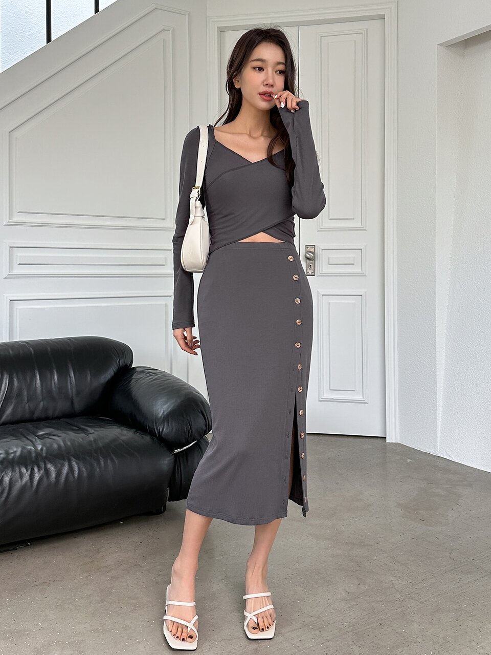 Crossover Front Crop Tee & Button Detail Split Thigh Skirt