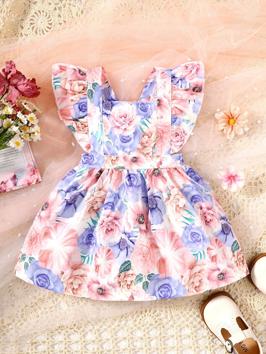Bebé Vestido overol con estampado floral ribete con fruncido - Multicolor - Ver 1