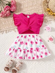 Baby Twist Front Ruffle Trim Tee & Floral Print Skirt - Multicolor - View 1