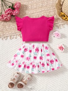 Baby Twist Front Ruffle Trim Tee & Floral Print Skirt - Multicolor - View 2