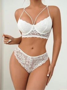 Floral Lace Underwire Lingerie Set - White - View 2