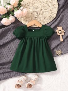 嬰幼兒女寶寶泡泡袖方領連衣裙 - 墨綠色 - 查看 1