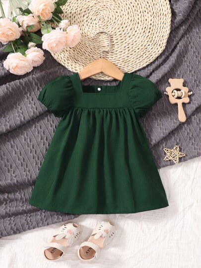 嬰幼兒女寶寶泡泡袖方領連衣裙