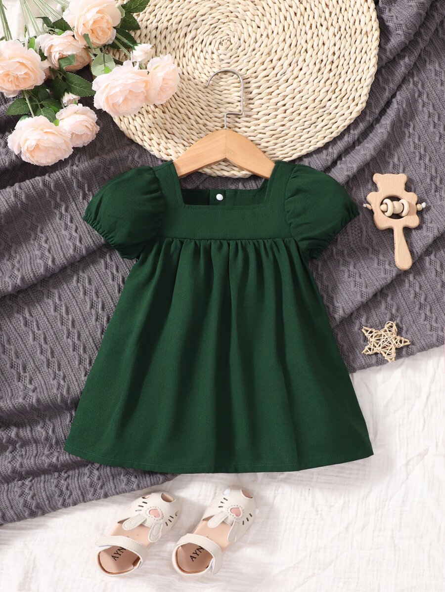嬰幼兒女寶寶泡泡袖方領連衣裙 - 墨綠色 - 查看 1