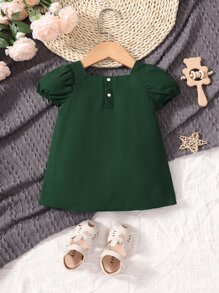 嬰幼兒女寶寶泡泡袖方領連衣裙 - 墨綠色 - 查看 2