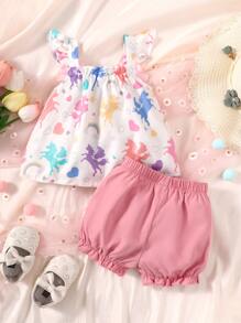 Baby Unicorn Print Ruffle Trim Bow Front Top & Shorts - Multicolor - View 2