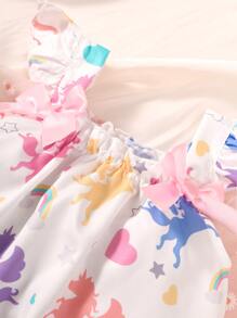 Baby Unicorn Print Ruffle Trim Bow Front Top & Shorts - Multicolor - View 4