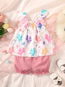 Baby Unicorn Print Ruffle Trim Bow Front Top & Shorts - Multicolor - View 5