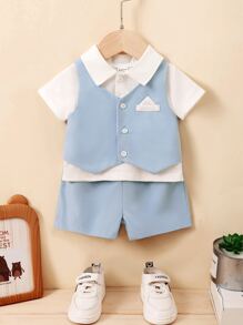 Baby Boy Patched Vest Jacket & Shorts & Shirt - Blue and White - View 1