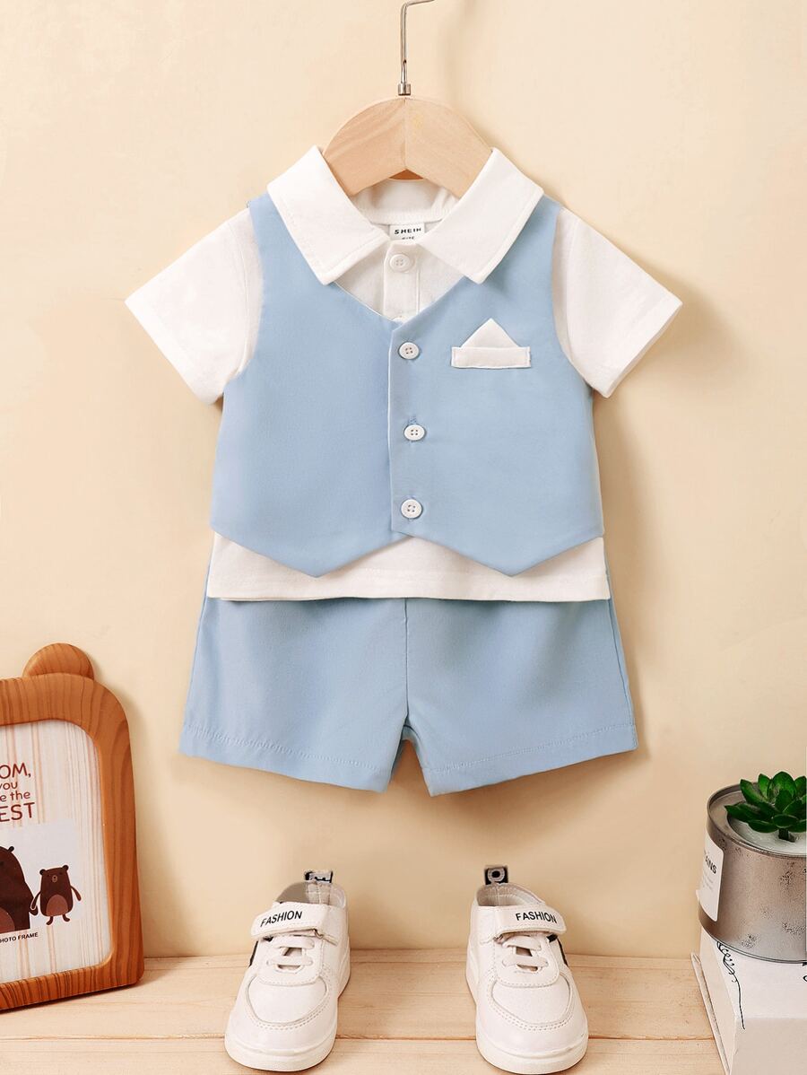 Baby Boy Patched Vest Jacket & Shorts & Shirt - Blue and White - View 1
