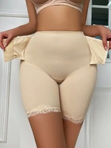 Contrast Lace Scallop Trim Adjustable Waist Shapewear Shorts - Beige - View 1