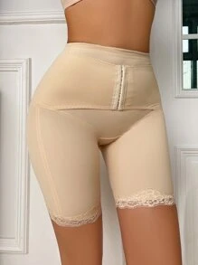 Contrast Lace Scallop Trim Adjustable Waist Shapewear Shorts - Beige - View 6