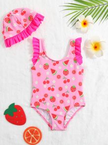 嬰兒櫻桃和西瓜圖案荷葉邊連體泳衣附帽子 - 粉色 - 查看 1