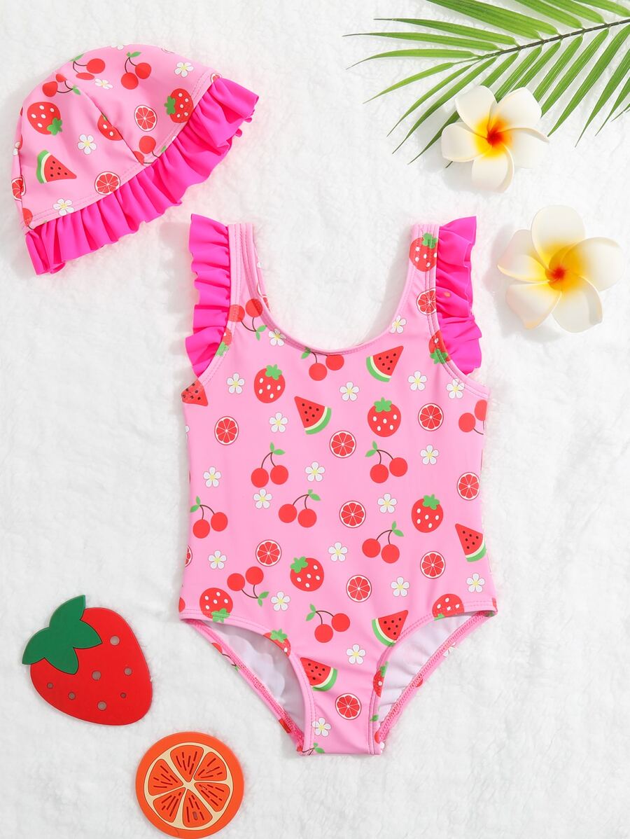 嬰兒櫻桃和西瓜圖案荷葉邊連體泳衣附帽子 - 粉色 - 查看 1