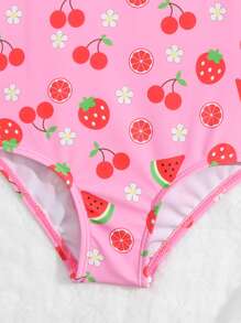 嬰兒櫻桃和西瓜圖案荷葉邊連體泳衣附帽子 - 粉色 - 查看 3